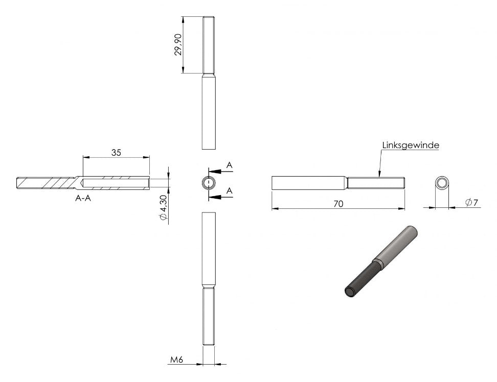 Zeichnung Gewindeterminal für Seil 4 mm, mit Außengewinde M6 linksgängig