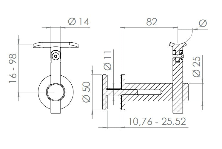 höhenverstellbarer Handlaufhalter für Glas, mit Gelenk und Halteplatte, V2A