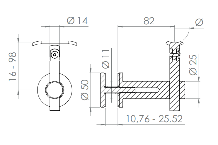 höhenverstellbarer Handlaufhalter für Glas, mit Gelenk und Halteplatte, V2A