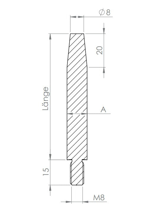 Stift Edelstahl, 1 x Außengewinde, 1 x konisch zulaufend zum Anschweißen, V2A