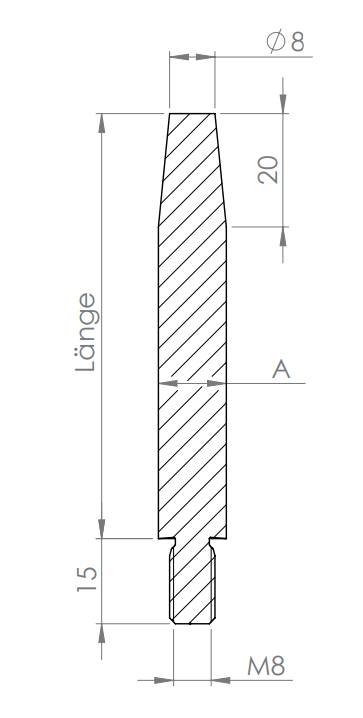 Stift Edelstahl, 1 x Außengewinde, 1 x konisch zulaufend zum Anschweißen, V2A