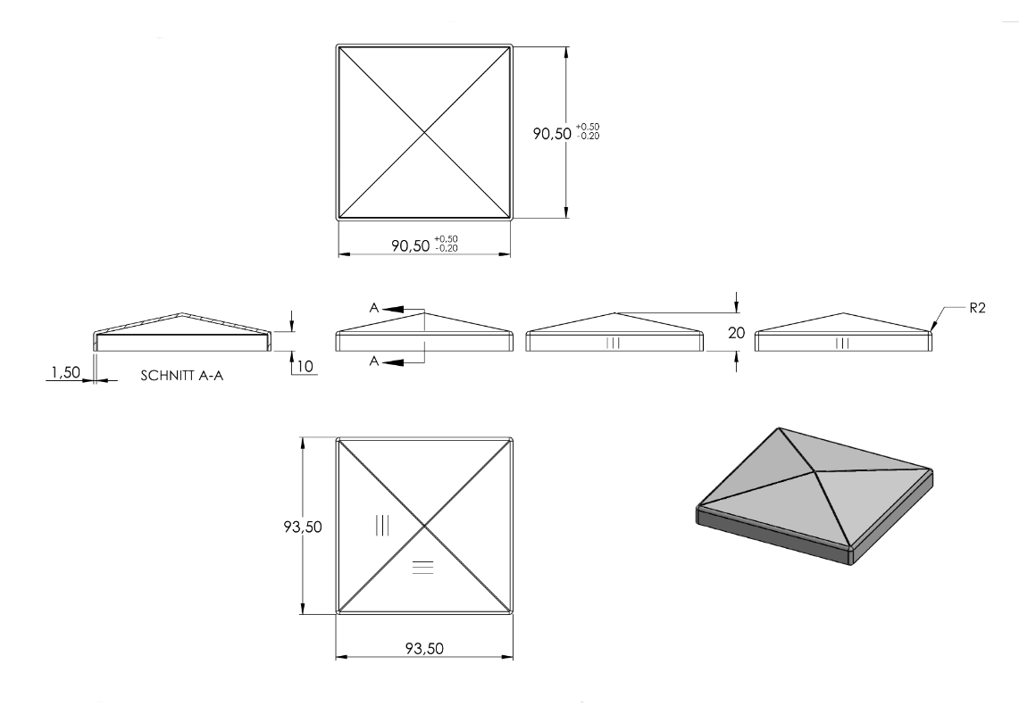 Zeichnung Pyramidenkappe für Rohr 90 x 90 mm