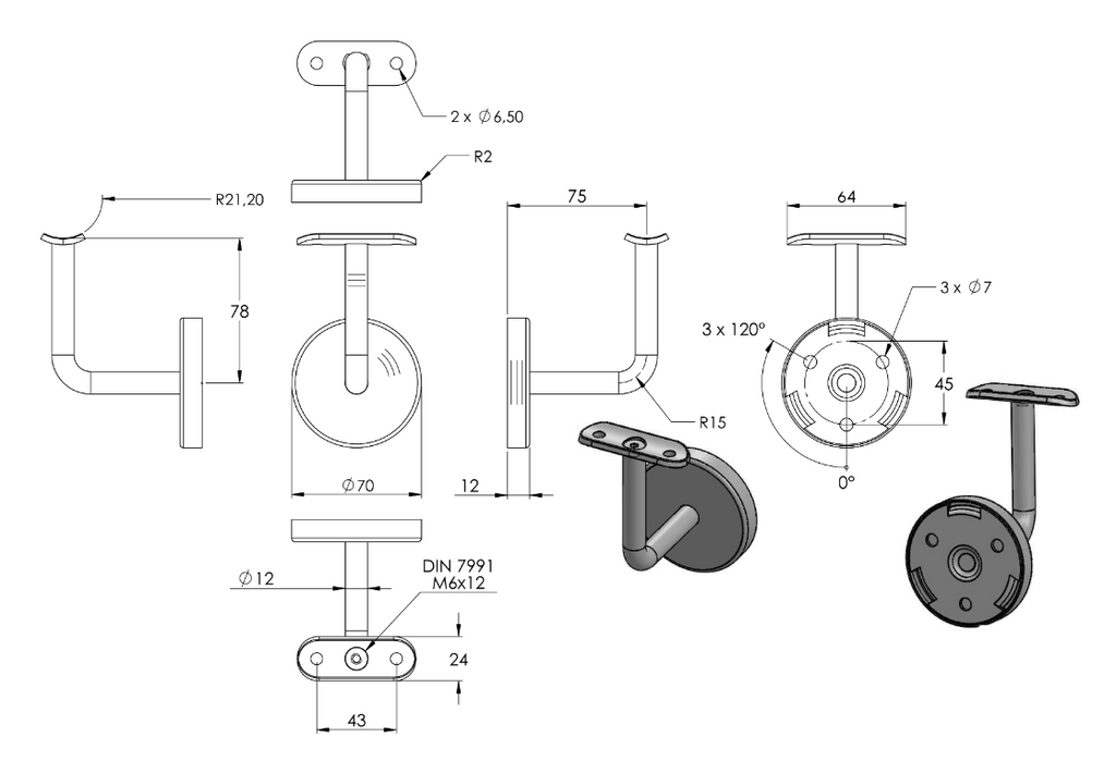 Zeichnung Handlaufhalter Ronde mit 3 Bohrungen Ø 7 mm