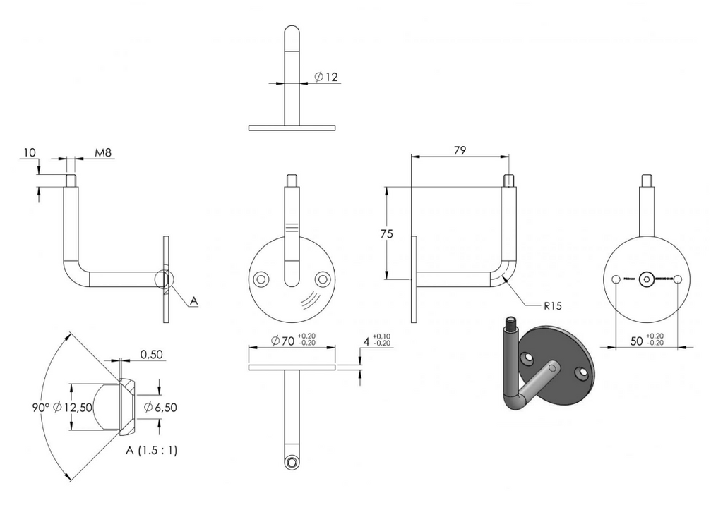 verschraubter Handlaufhalter mit Außengewinde M8, V2A