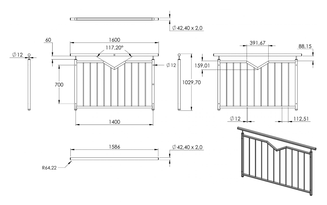 Zeichnung Französisches Balkongitter Breite 1400 mm