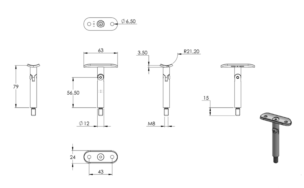 Zeichnung Stift Ø 12 mm, Halteplatte Ø 42,4 mm