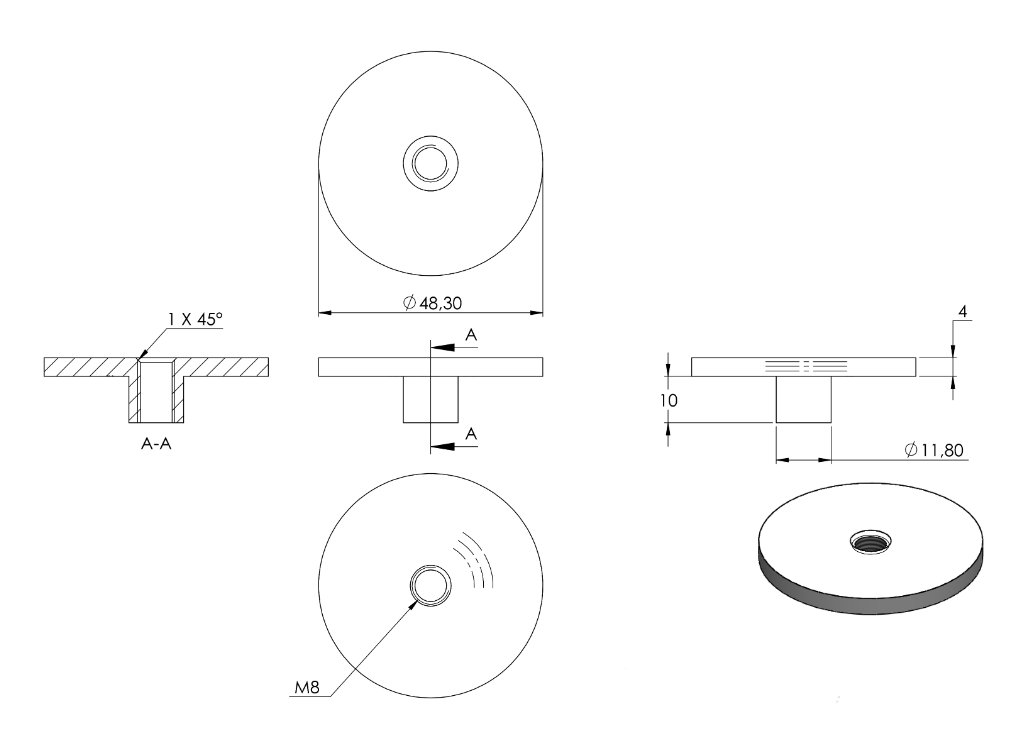 Zeichnung Rohrabschlussplatte mit Gewinde M8 für Rohr Ø 48,3 mm