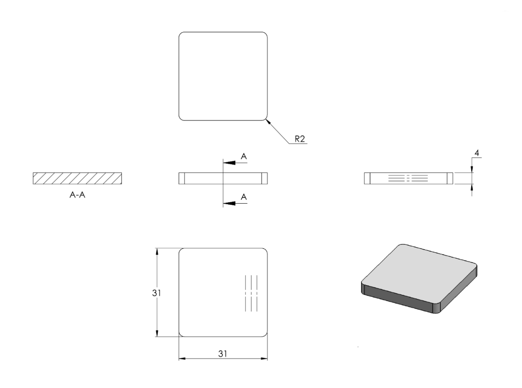 Zeichnung Flachkappe Stärke 4 mm für Rohr 30 x 30 mm