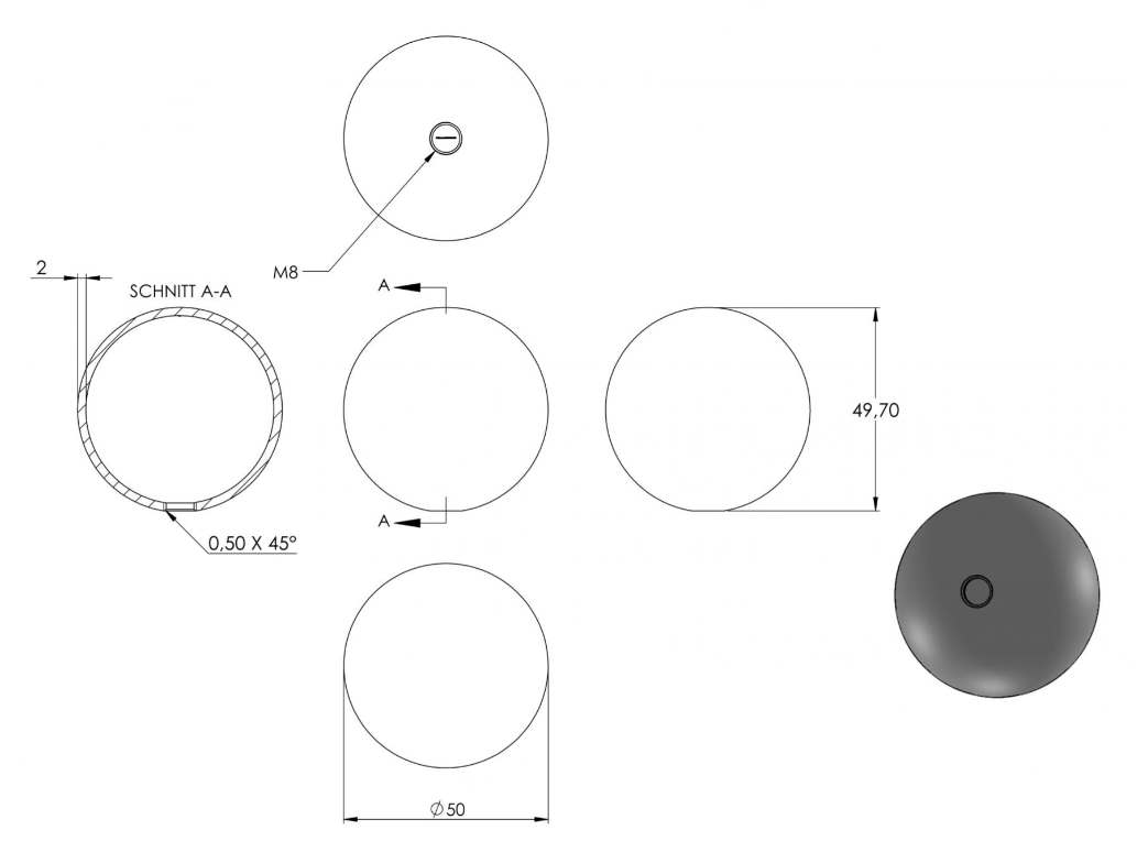 Zeichnung Hohlkugel messingbeschichtet Ø 50 mm, mit Gewinde M8