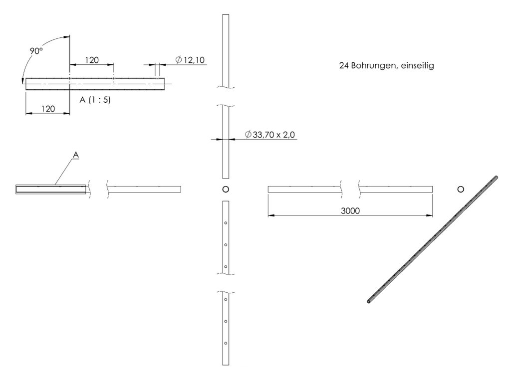 Zeichnung Rundrohr 33,7 x 2 mm, 24 Bohrungen einseitig