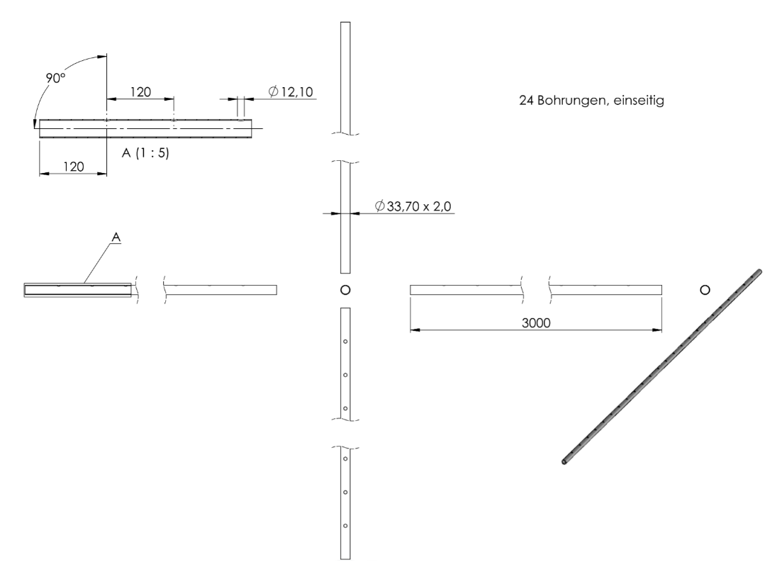 Zeichnung Rundrohr 33,7 x 2 mm, 24 Bohrungen einseitig