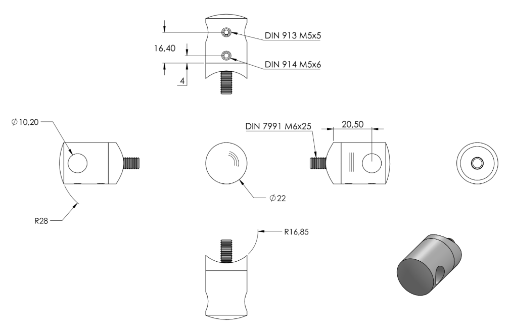 Zeichnung Querstabhalter mit Anschluss für Rohr Ø 33,7 mm, Bohrung Ø 10,2 mm