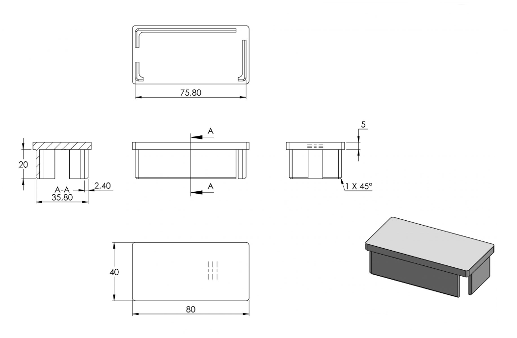 Zeichnung Rohrabschlussstopfen für Rohr 80 x 40 x 2,0 mm