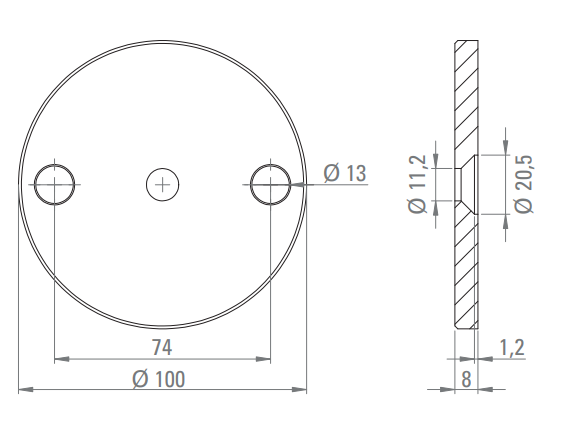 Ankerplatte 100 x 8 mm, mit 3 Bohrungen, zu Vordachsystem Edelstahl