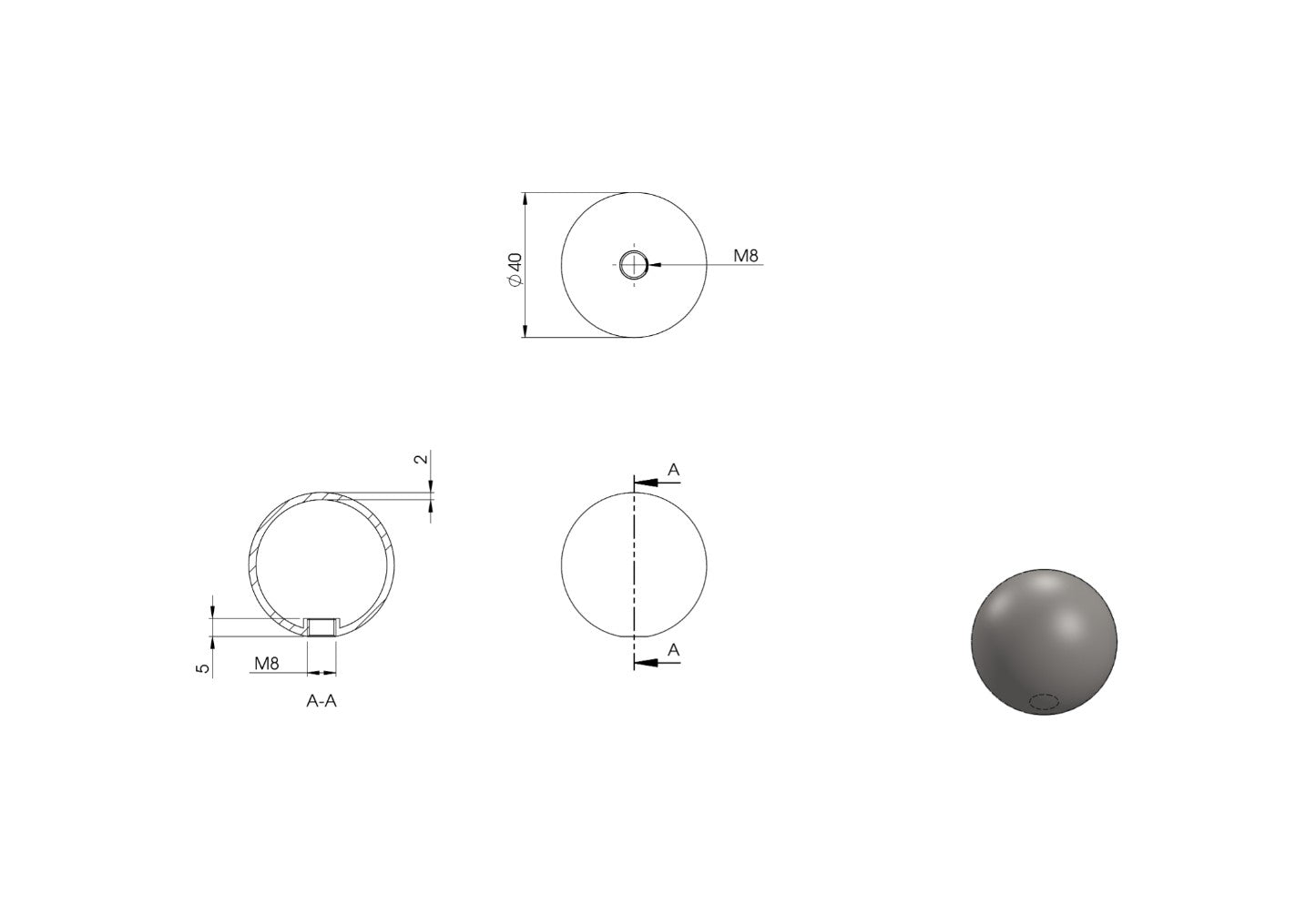 Zeichnung Hohlkugel Ø 40 mm mit Gewinde M8
