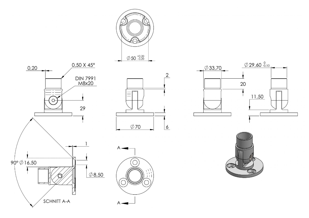 Zeichnung Wandhalter für Rohr Ø 33,7 x 2,0 mm
