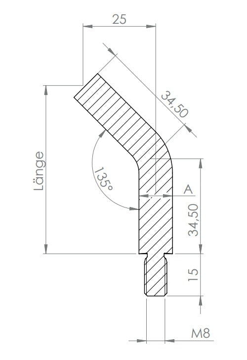 Stift Edelstahl, gebogen 135°,1 x Außengewinde, 1 x flach zum Anschweißen, V2A