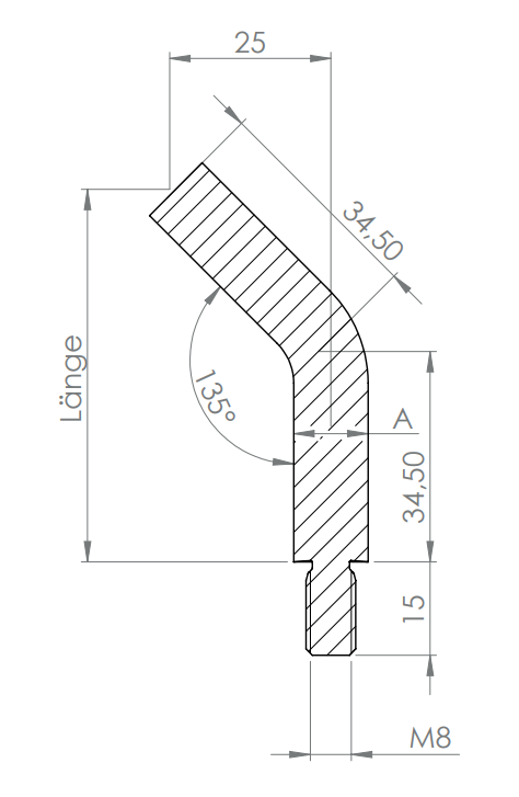 Stift Edelstahl, gebogen 135°,1 x Außengewinde, 1 x flach zum Anschweißen, V2A