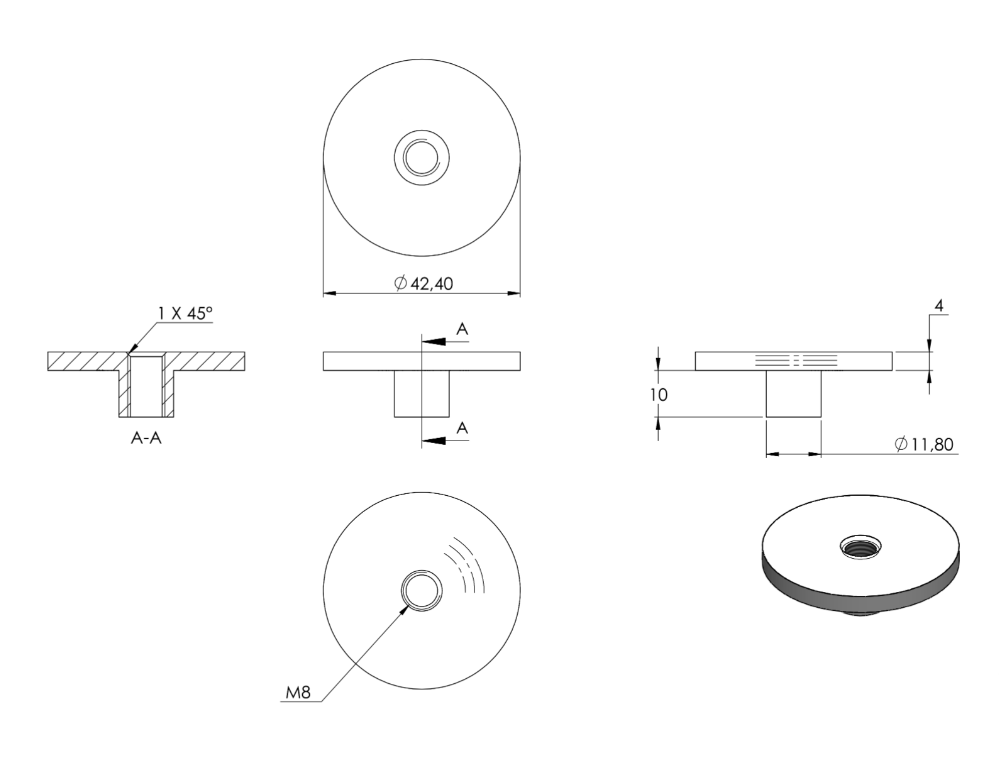 Zeichnung Rohrabschlussplatte mit Gewinde M8 für Rohr Ø 42,4 mm