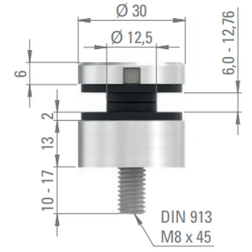 Glaspunkthalter Ø 30 mm mit Gewindestift, Klemmbereich 6.0 - 12.76 mm