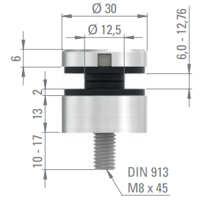 Glaspunkthalter Ø 30 mm mit Gewindestift, Klemmbereich 6.0 - 12.76 mm