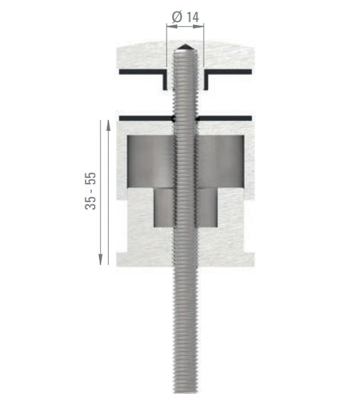 Glaspunkthalter Ø 52 mm, Klemmbereich 6.0 - 25.25 mm, verstellbarer Wandabstand 35 - 55 mm, V2A