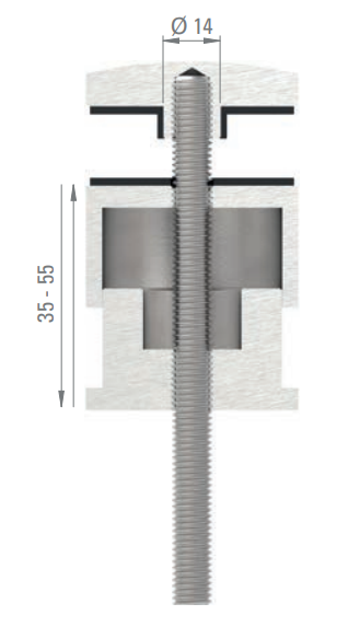 Glaspunkthalter Ø 52 mm, Klemmbereich 6.0 - 25.25 mm, verstellbarer Wandabstand 35 - 55 mm, V2A