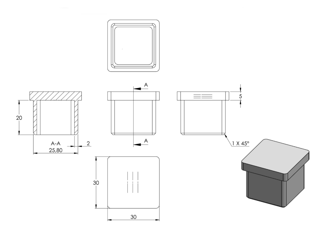 Zeichnung Rohrabschlussstopfen für Rohr 30 x 30 x 2,0 mm