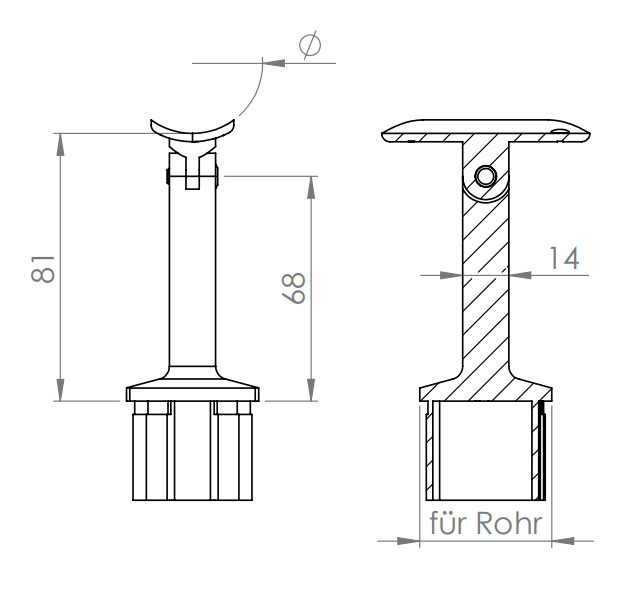 Handlaufstütze aus einem Stück, für Quadratrohr, mit Gelenk und Handlaufanschlussplatte, V2A