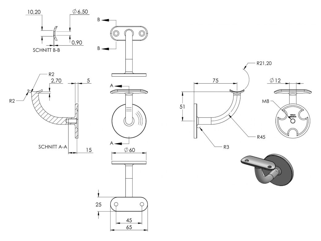 Zeichnung Handlaufhalter Anschlussplatte Ø 42,4 mm