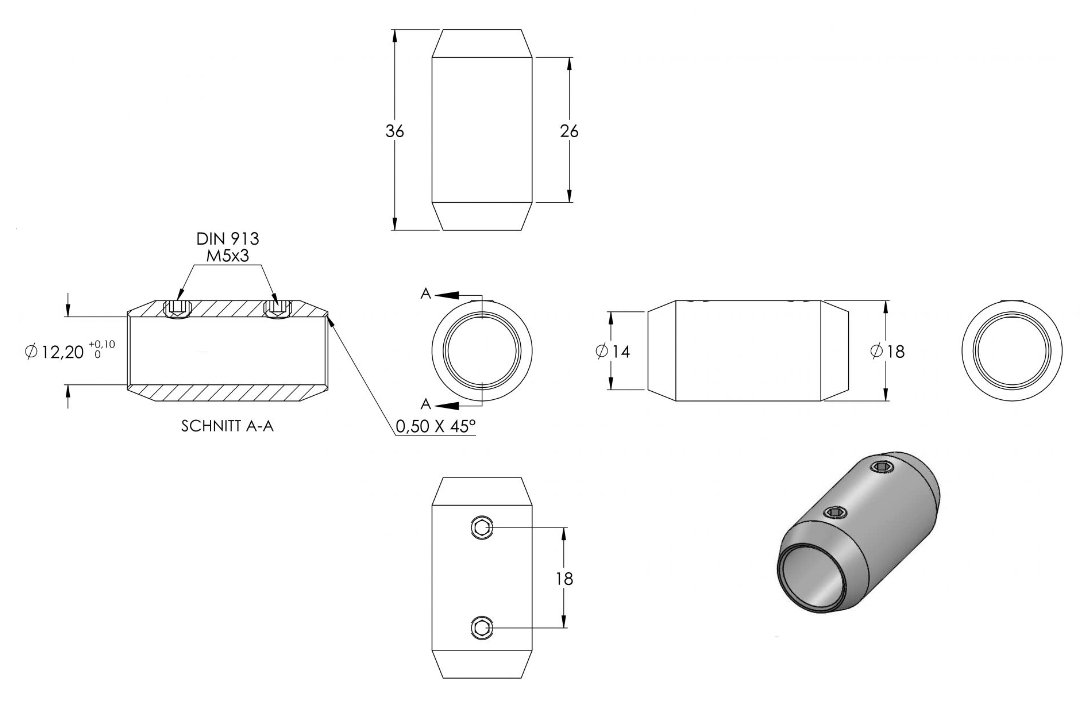 Zeichnung Stabverbinder für Rundstab Ø 12 mm