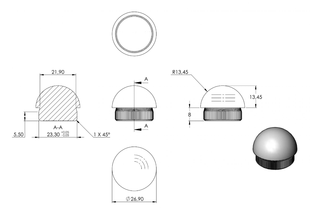 Zeichnung Rohrabschlussstopfen für Rohr Ø 26,9 x 2,0 mm