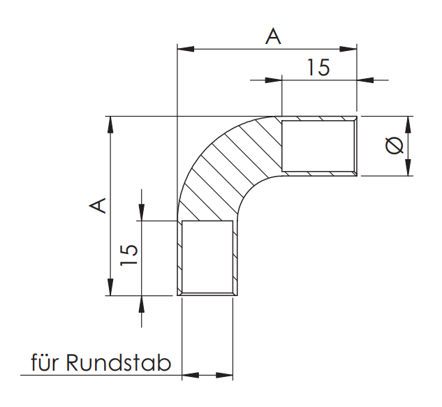 Rundstabverbinder als 90° Bogen, zum Einkleben der Rundstäbe, V2A