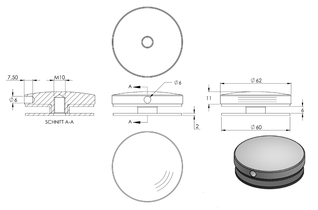 Glaspunkthalter Ø 62 mm selbst zusammenstellen, Oberteil inklusive Gummis, V2A