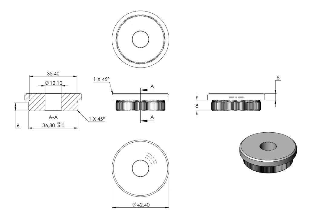 Zeichnung Rohrabschlussstopfen für Rohr Ø 42,4 x 3,0 mm