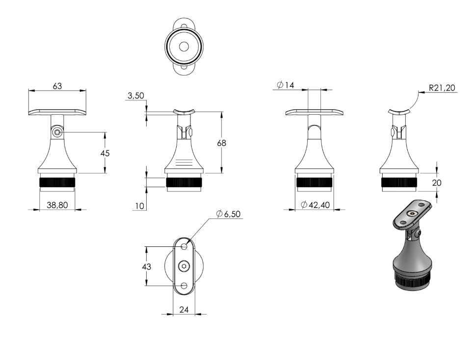 Zeichnung Handlaufstütze für Rohr Ø 42,4 x 2 mm