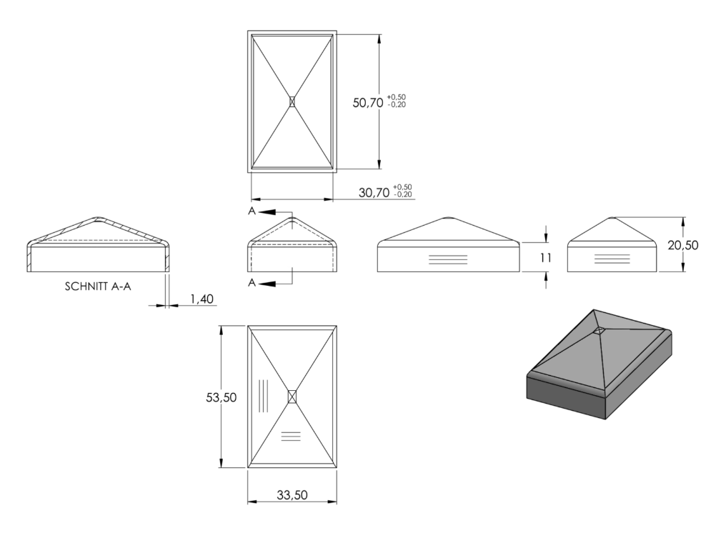 Zeichnung Pyramidenkappe für Rohr 50 x 30 mm
