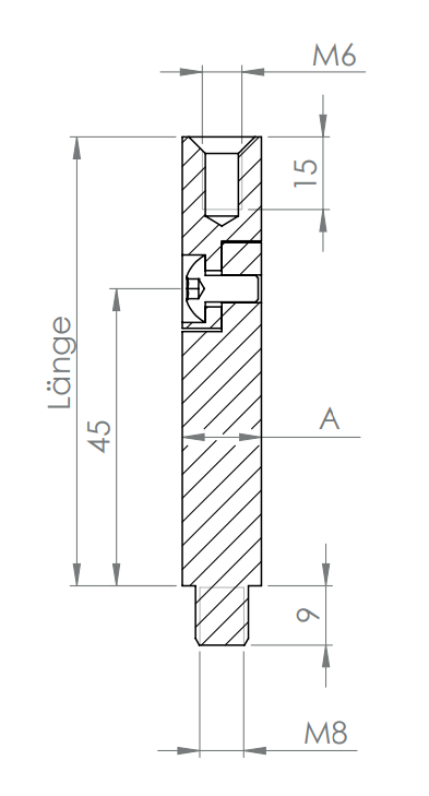 Gelenkstift Edelstahl, quadratisch, 1 x Außengewinde, 1 x Innengewinde, V2A