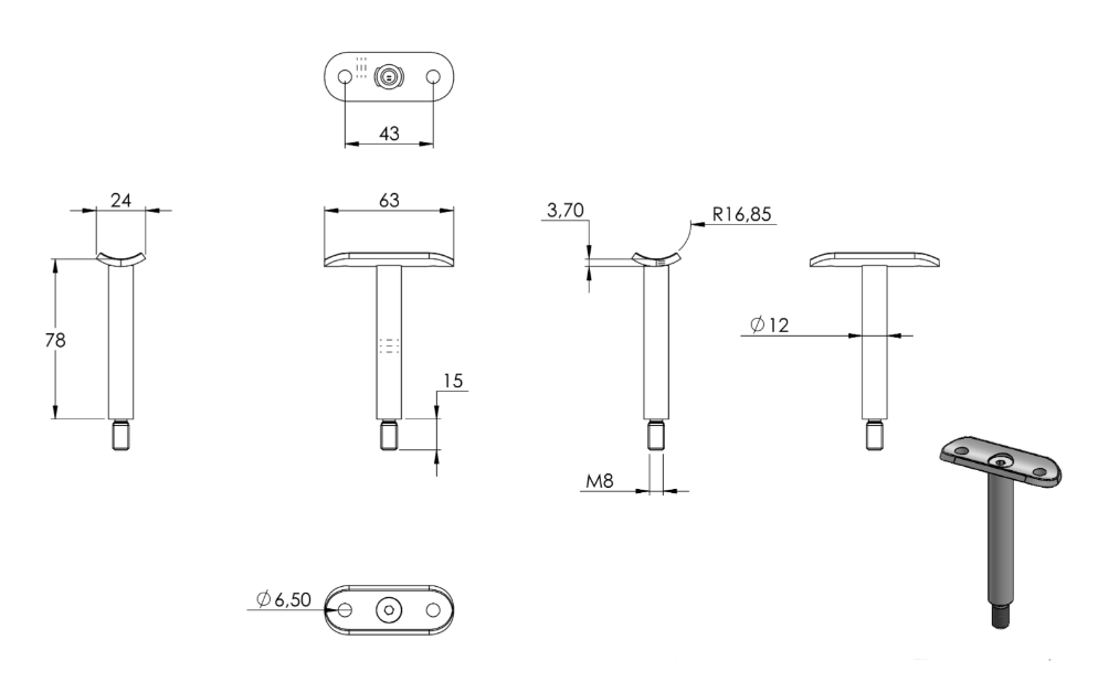 Zeichnung Stift Ø 12 mm, Halteplatte Ø 33,7 mm