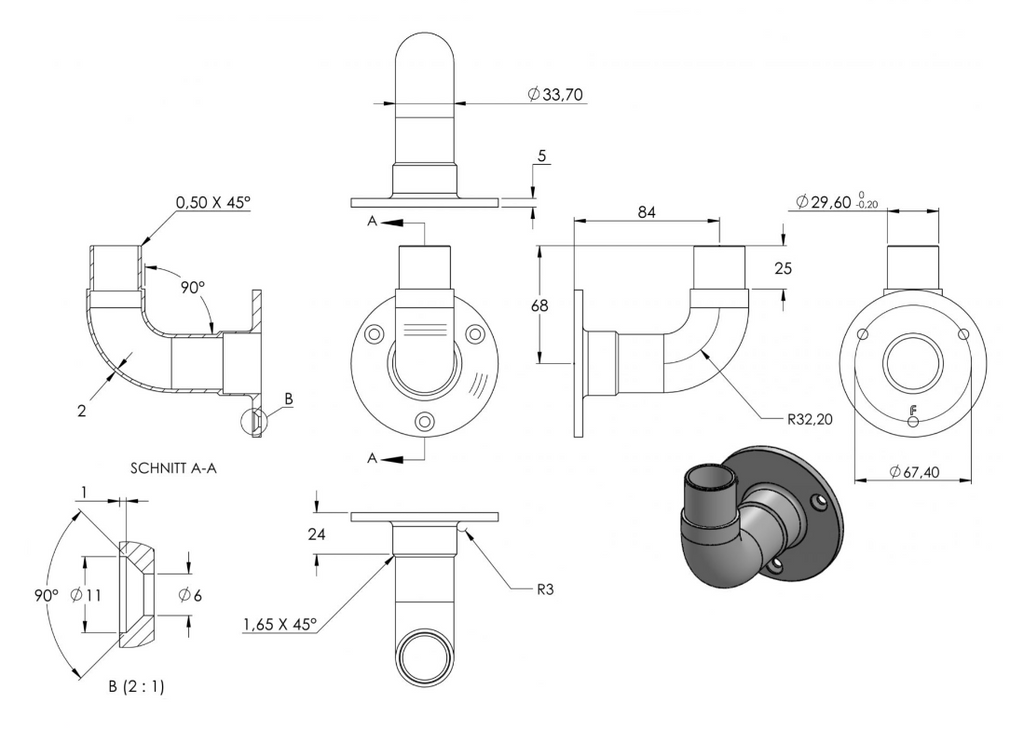 Zeichnung Wandhalter für Rohr Ø 33,7 x 2,0 mm