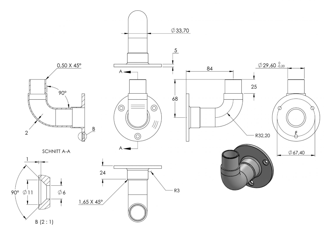 Zeichnung Wandhalter für Rohr Ø 33,7 x 2,0 mm