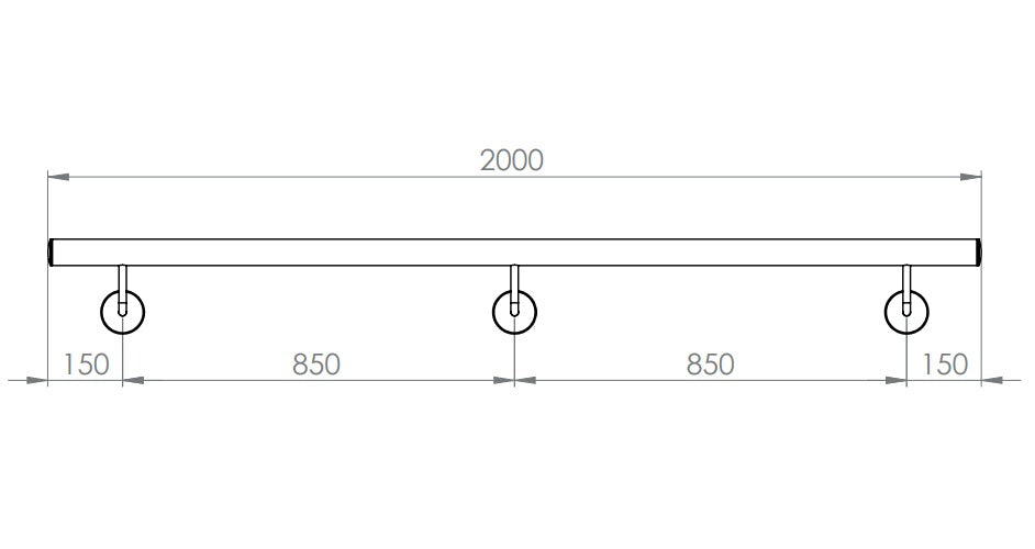 Handlauf montagefertig, Länge 2000 mm, mit 3 Handlaufhaltern und Endkappen, V2A