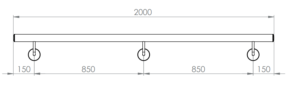 Handlauf montagefertig, Länge 2000 mm, mit 3 Handlaufhaltern und Endkappen, V2A