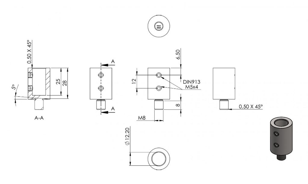 Gewindeadapter M8, für Handlaufhalter mit Stift Ø 12 mm ohne Gewinde, V2A
