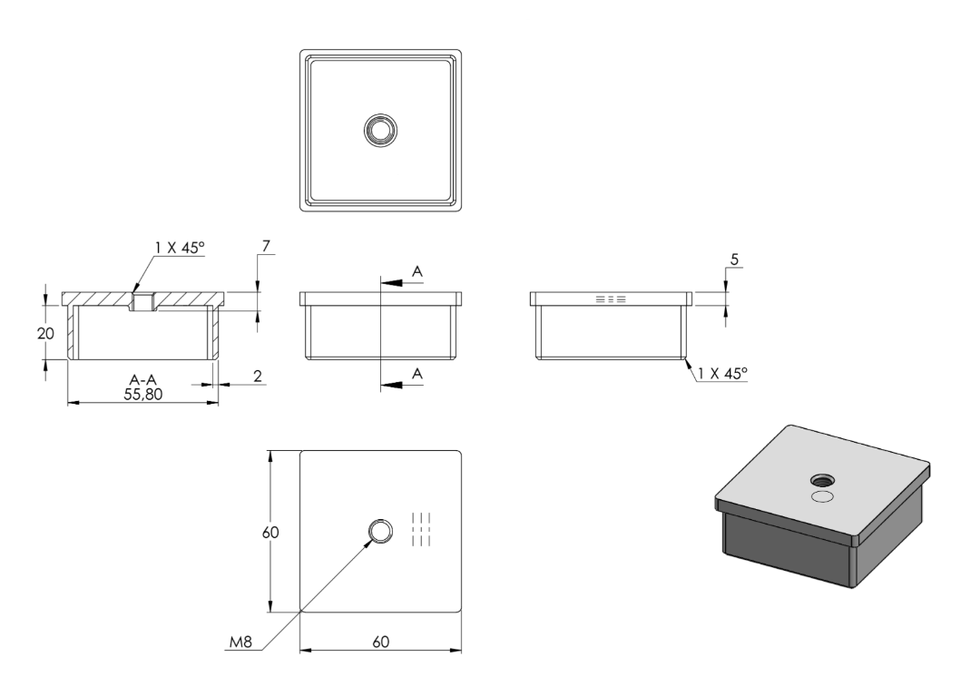 Zeichnung Rohrabschlussstopfen für Rohr 60 x 60 x 2,0 mm mit Innengewinde M8