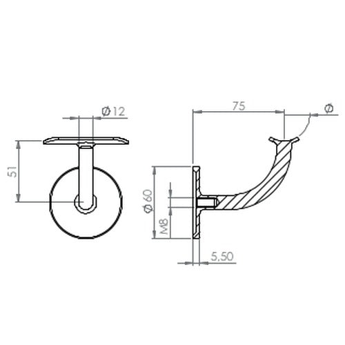 verschweißter Handlaufhalter mit Anschlussplatte, zum Anschrauben des Handlaufs, V2A / V4A