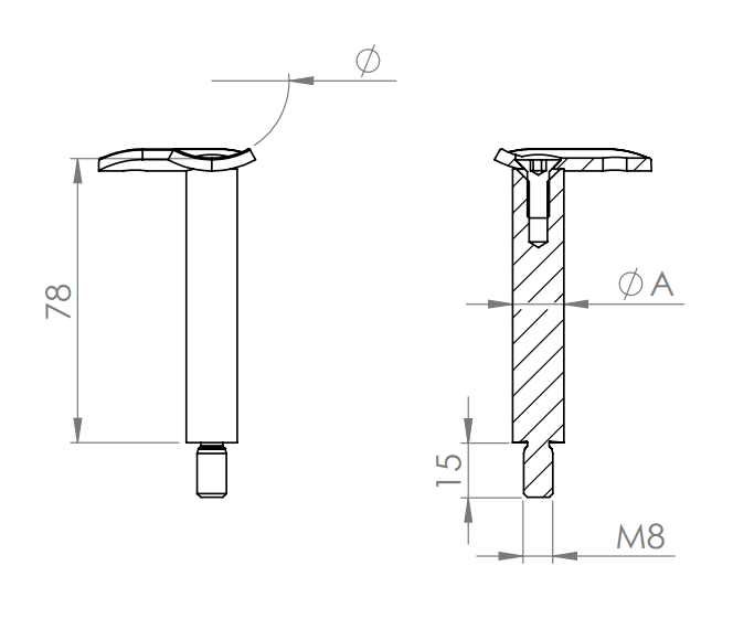Handlaufstütze zum Schrauben, Stift mit Außengewinde M8 und Handlaufanschlussplatte 90°, V2A