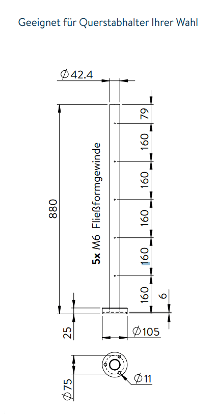 Edelstahlpfosten zur Bodenmontage, Länge 880 mm, 5 x M6 Fließformgewinde, V2A