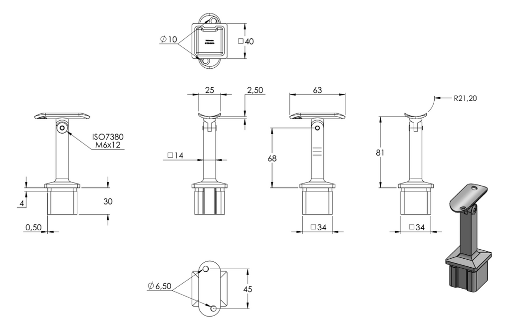 Zeichnung Handlaufstütze für Rohr 40 x 40 x 3,0 mm, Handlaufanschlussplatte für Rohr Ø 42,4 mm