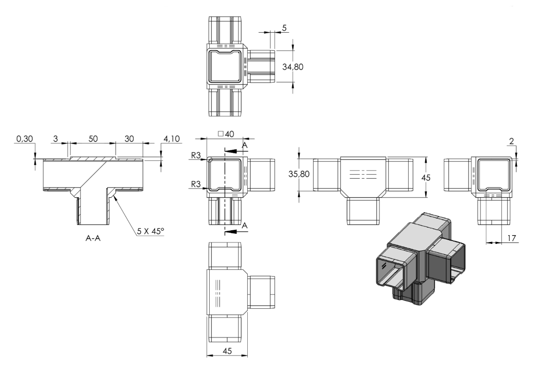 Zeichnung T-Eckverbinder für Rohr 40 x 40 x 2,0 mm